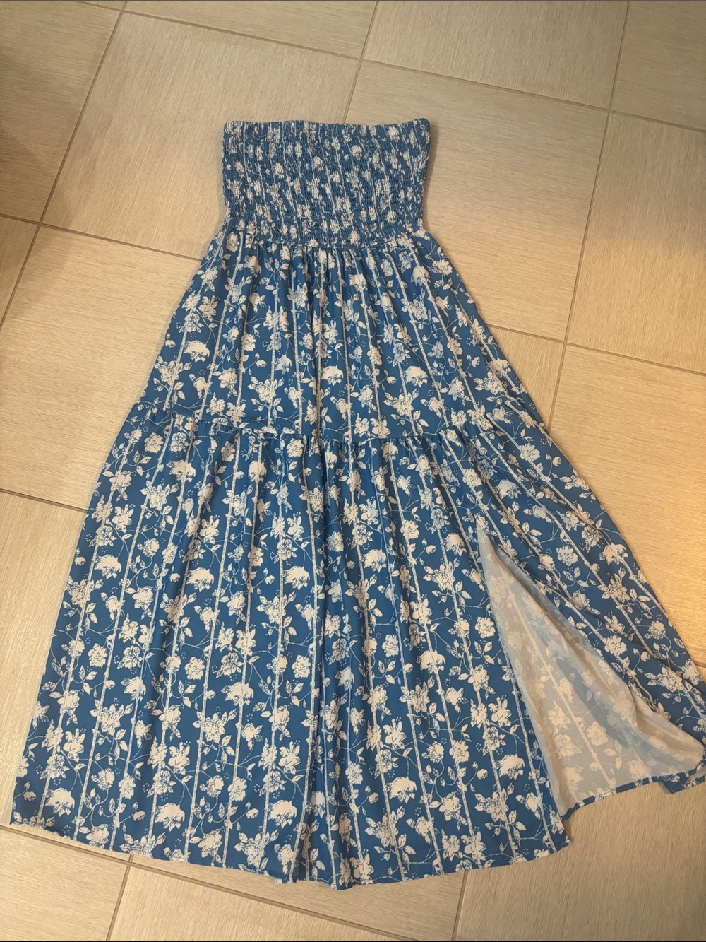 Grace Karin Blue and White Floral Strapless Smocked Maxi